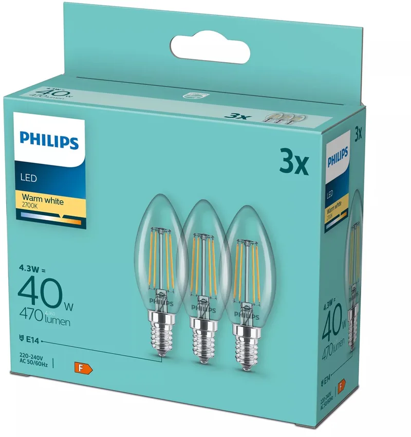 LED 77779100 LED CEE F (A - G) E14 forme de cône 4.3 W = 40 W blanc chaud (Ø x H) 3.5 cm x 9.7 cm 3 pc(s) de Philips – photo produit