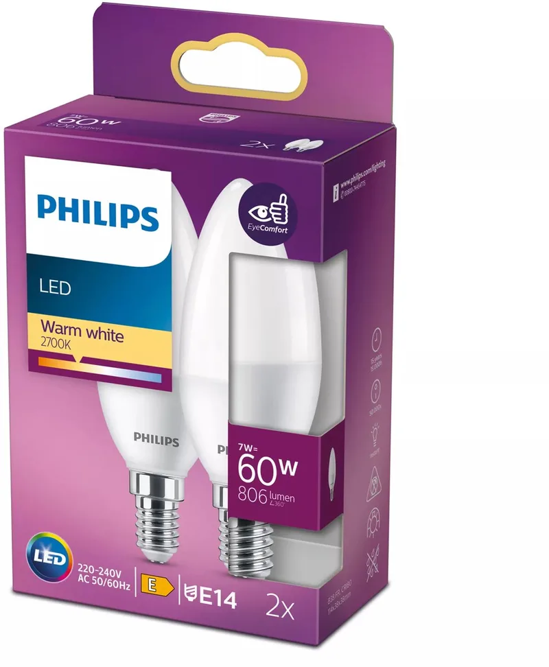 E14 7w 806 Lumens 2700k Led-kerzenlampe 2 Einheiten von Philips – Produktfoto