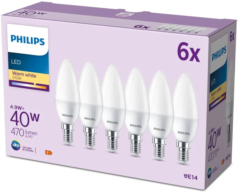 Ampoule flamme mate, 40 W, E14, lumière blanc chaud, 6 pièces de Philips – photo produit