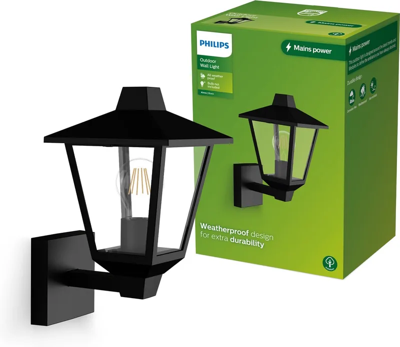 Kinno Wandlamp - Buitenlamp - E27 fitting - Maximaal 25W - Weerbestendig; IP44 - Staande wandlamp van Philips in Zwart – productfoto