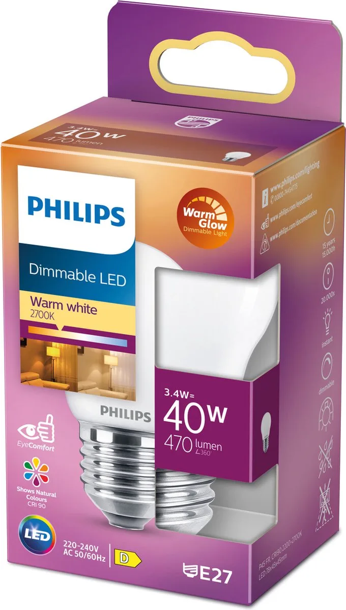 LED Classic WarmGlow E27 P45 3,4 W matt från Philips – produktbild
