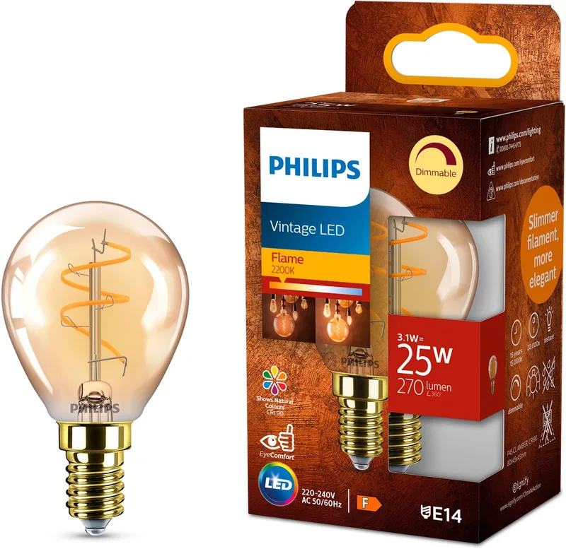 Kogellamp Spiraal Goud - 25 W - E14 - Dimbaar extra warmwit licht von Philips – Produktfoto