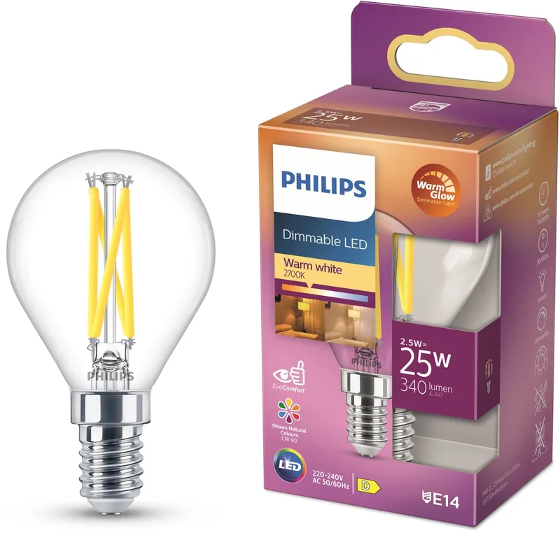 Kogellamp Transparant - 25 W - E14 - Dimbaar warmwit licht de Philips – photo produit