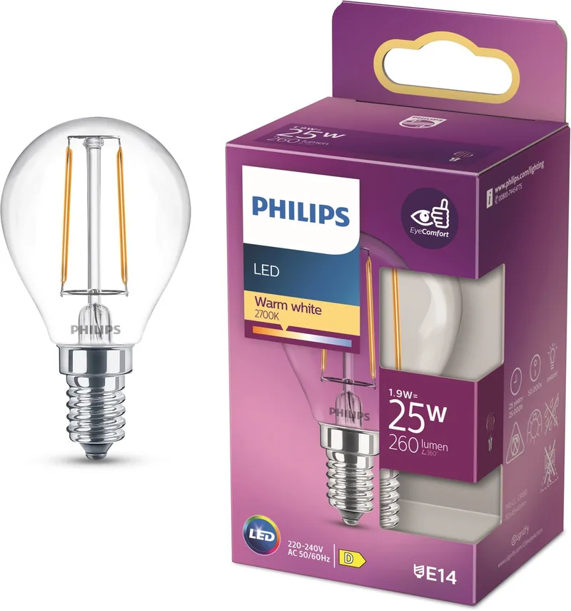 Kogellamp Transparant - 25 W - E14 - warmwit licht de Philips – photo produit