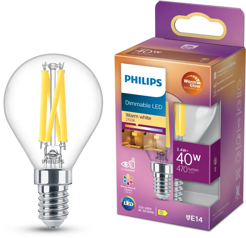 Kogellamp Transparant - 40 W - E14 - Dimbaar warmwit licht från Philips – produktbild