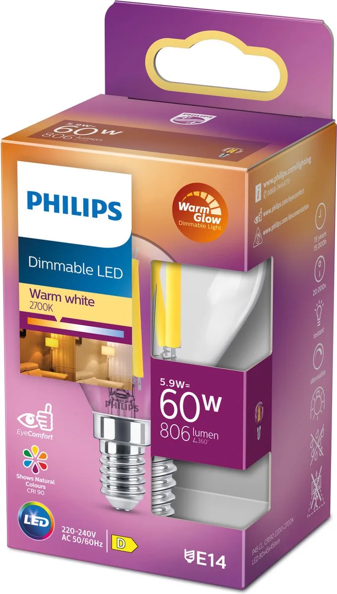 Kogellamp Transparant - 60 W - E14 - Dimbaar warmwit licht fra Philips – produktbillede