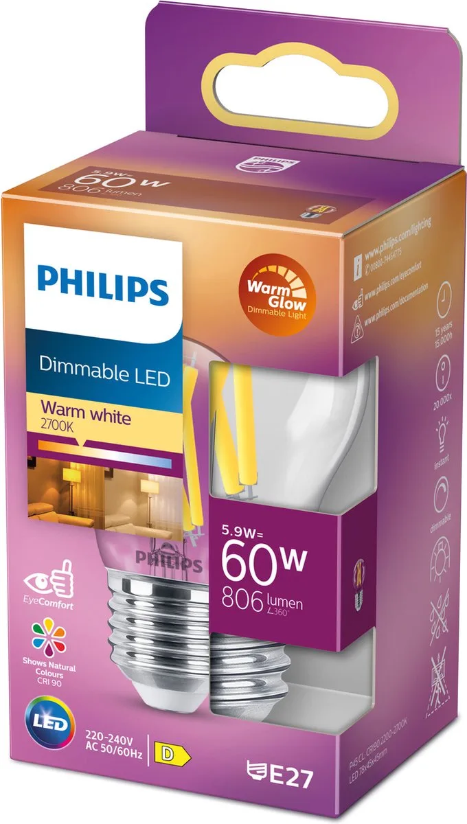 Kogellamp Transparant - 60 W - E27 - Dimbaar warmwit licht van Philips – productfoto