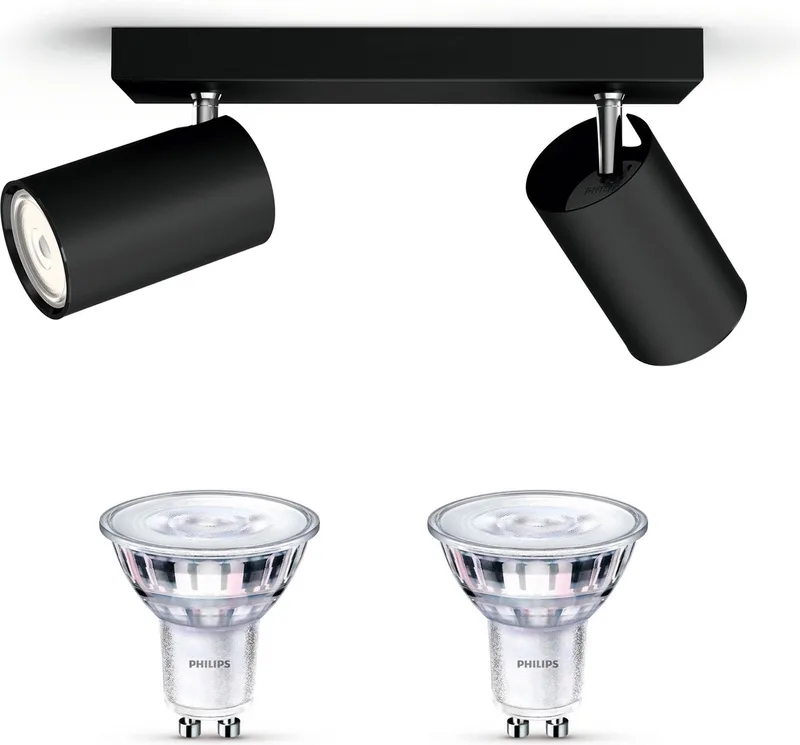 Kosipo Opbouwspot - Warmwit Licht - Plafondspot met 2 Lichtpunten - GU10 - SceneSwitch - Eenvoudig Dimbaar met Je Klassieke Schakelaar van Philips in Zwart – productfoto