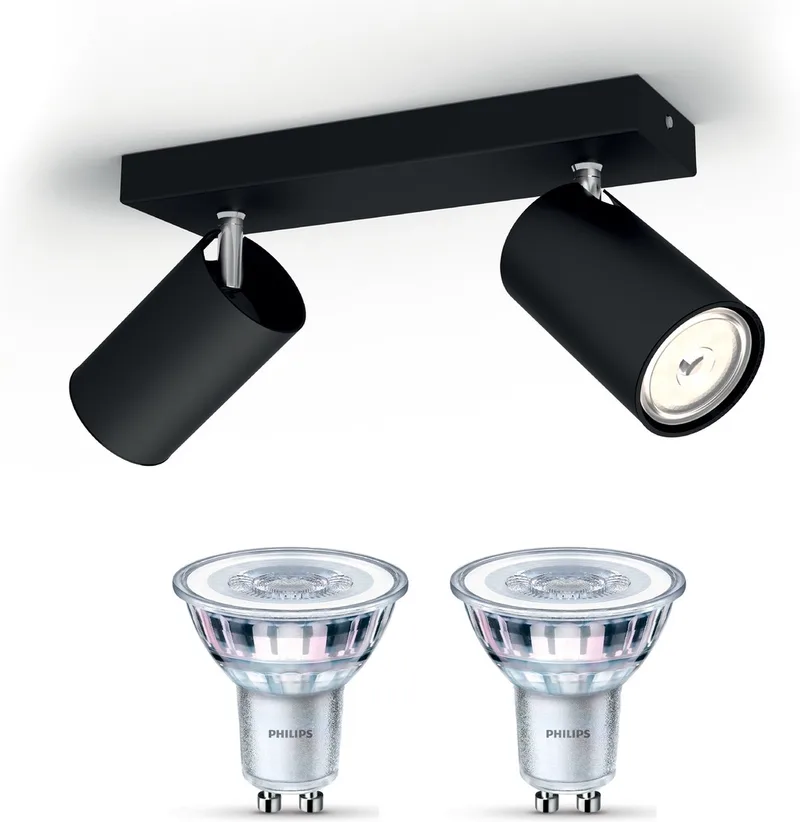 Kosipo Opbouwspot - Warmwit Licht - Plafondspot met 2 Lichtpunten - GU10 - Niet Dimbaar by Philips in Black – product photo