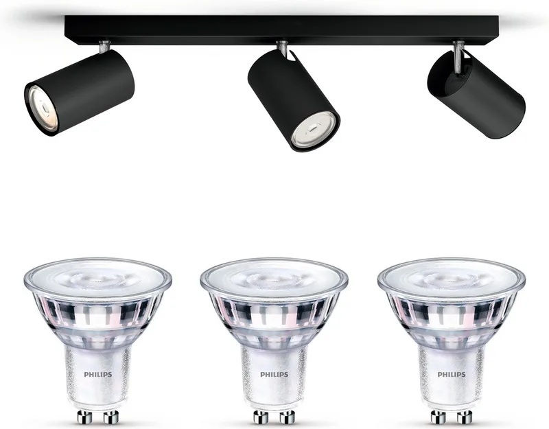 Kosipo Opbouwspot - Warmwit Licht - Plafondspot met 3 Lichtpunten - GU10 - SceneSwitch - Eenvoudig Dimbaar met Je Klassieke Schakelaar de Philips en Noir – photo produit