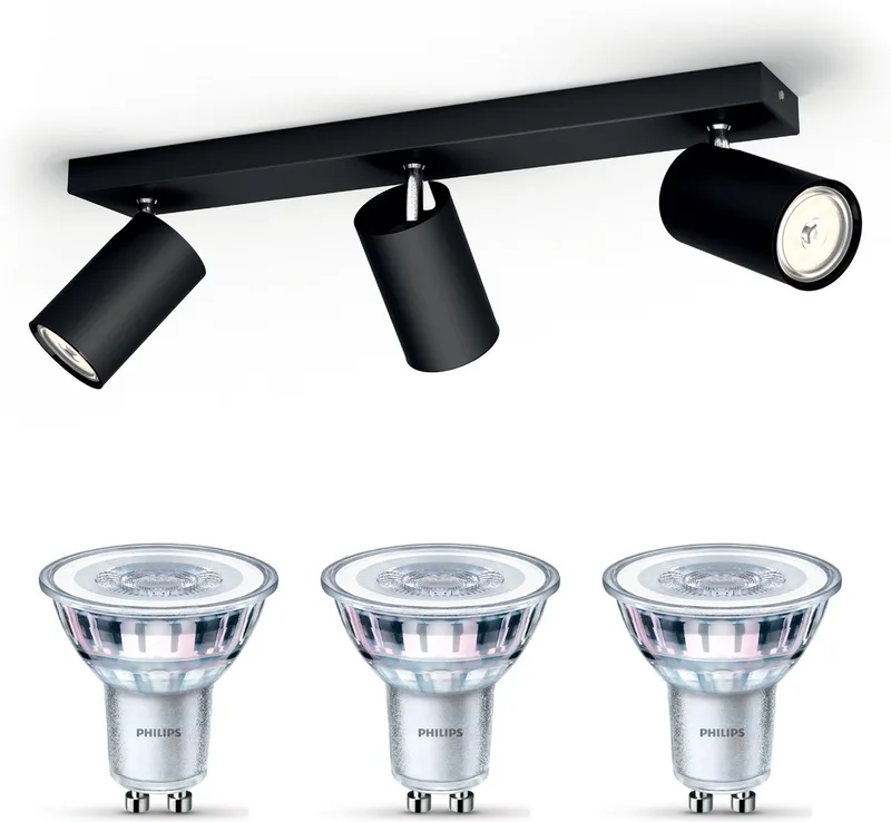 Kosipo Opbouwspot - Warmwit Licht - Plafondspot met 3 Lichtpunten - GU10 - Niet Dimbaar de Philips en Noir – photo produit