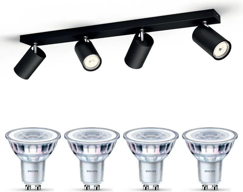 Kosipo Opbouwspot - Warmwit Licht - Plafondspot met 4 Lichtpunten - GU10 - Niet Dimbaar von Philips in Schwarz – Produktfoto