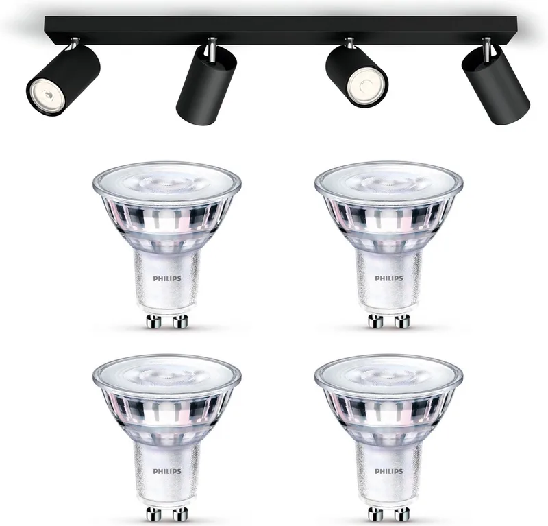 Kosipo Opbouwspot - Warmwit Licht - Plafondspot met 4 Lichtpunten - GU10 - SceneSwitch - Eenvoudig Dimbaar met Je Klassieke Schakelaar van Philips in Zwart – productfoto
