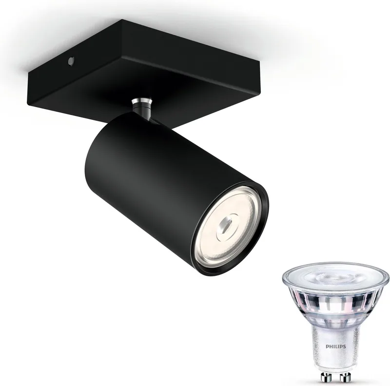 Kosipo Opbouwspot - Warmwit Licht - Wandspot of Plafondspot met 1 Lichtpunt - GU10 - SceneSwitch - Eenvoudig Dimbaar met Je Klassieke Schakelaar von Philips in Schwarz – Produktfoto