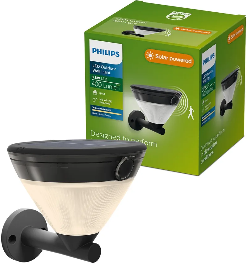 Kyna Solar wandlamp - Zonne-energie - Warmwit licht: 2700K - Twee lichtstanden - Schemersensor - Bewegingssensor - IP44: weerbestendig - Solar buitenverlichting de Philips en Noir – photo produit
