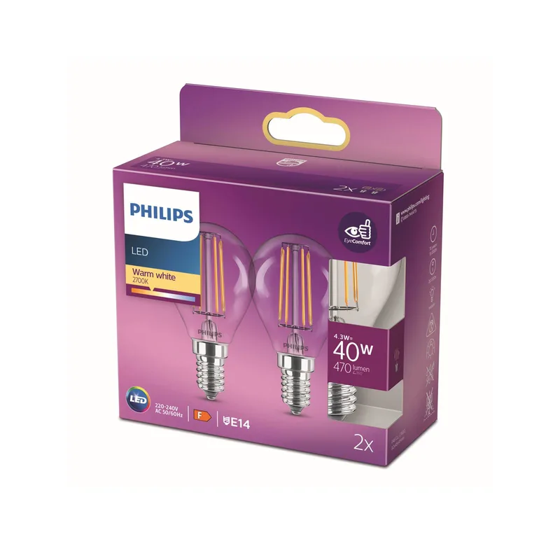 lamp E14 4,3W P45 filament 2.700K per2 fra Philips – produktbillede