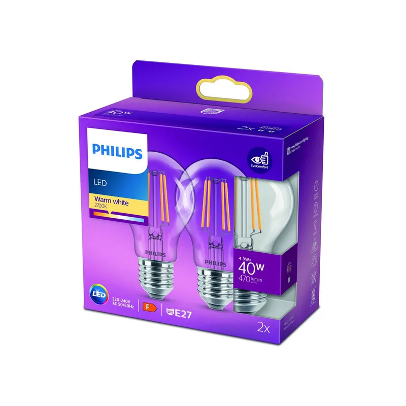 lamp E27 4,3W 2.700K filament per 2 de Philips – photo produit
