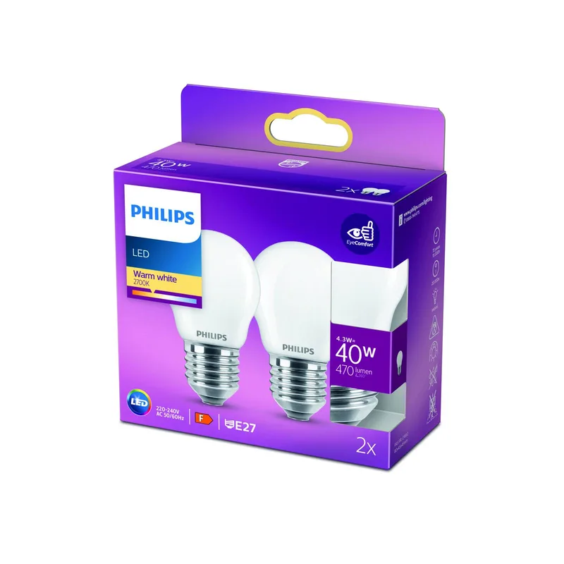 lamp E27 P45 4,3W 2.700K opaal per 2 fra Philips – produktbillede