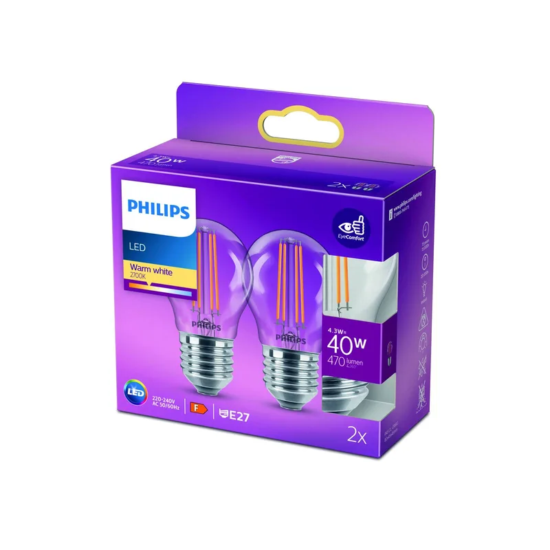 lamp E27 P45 4,3W filament 2700K per 2 fra Philips – produktbillede