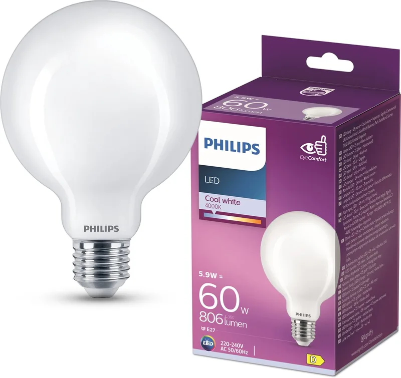 lamp - Globelamp met E27 fitting - Koelwit licht: 4000K - 60W - Mat glas de Philips – photo produit