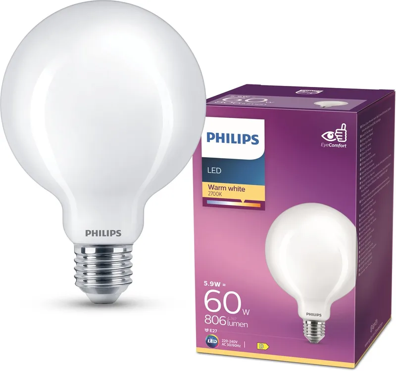 Classic LED-lampa E27 G120 7W 2 700K opal från Philips – produktbild