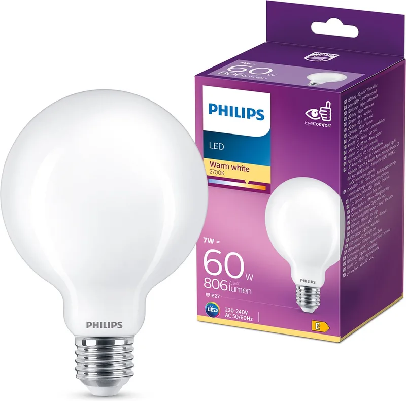 Ampoule globe avec douille E27, lumière blanc chaud: 2700K, 60W, verre mat de Philips – photo produit