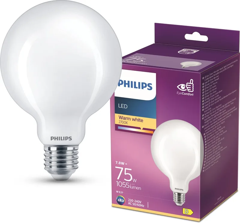 lamp - Globelamp met E27 fitting - Warmwit licht: 2700K - 75W - Mat glas van Philips – productfoto