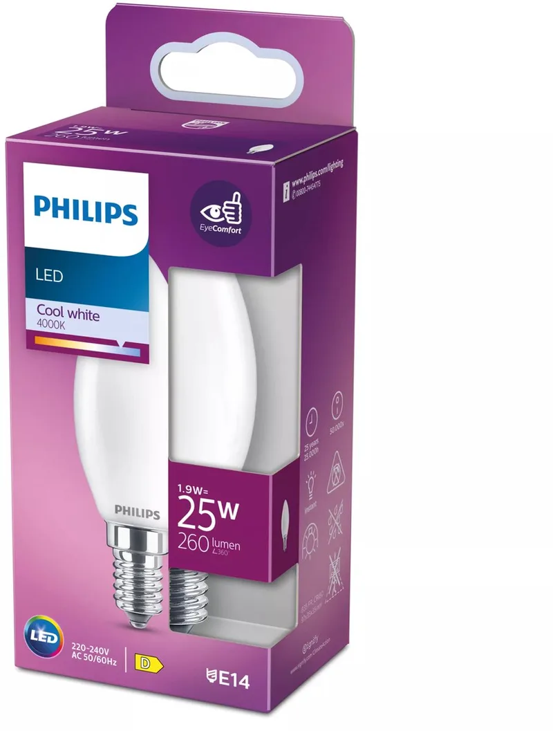 lamp - Kaarslamp met E14 fitting - Koelwit licht: 4000K - 25W - Mat glas de Philips – photo produit