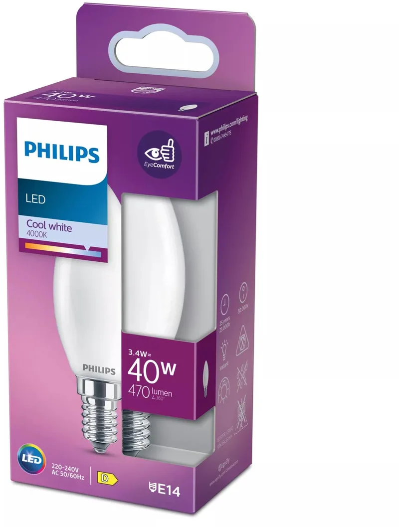E14 4.3w 470 Lumens 4000k Led-stearinlyspære fra Philips – produktbillede