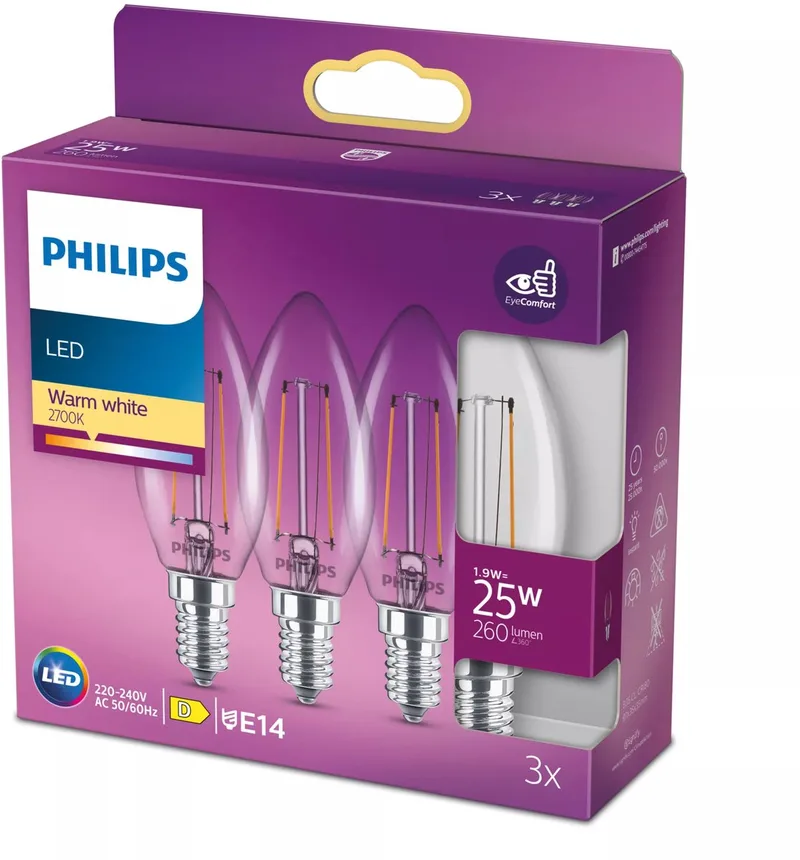 lamp - Kaarslamp met E14 fitting - Warmwit licht: 2700K - 25W - Helder glas - 3-pack fra Philips – produktbillede