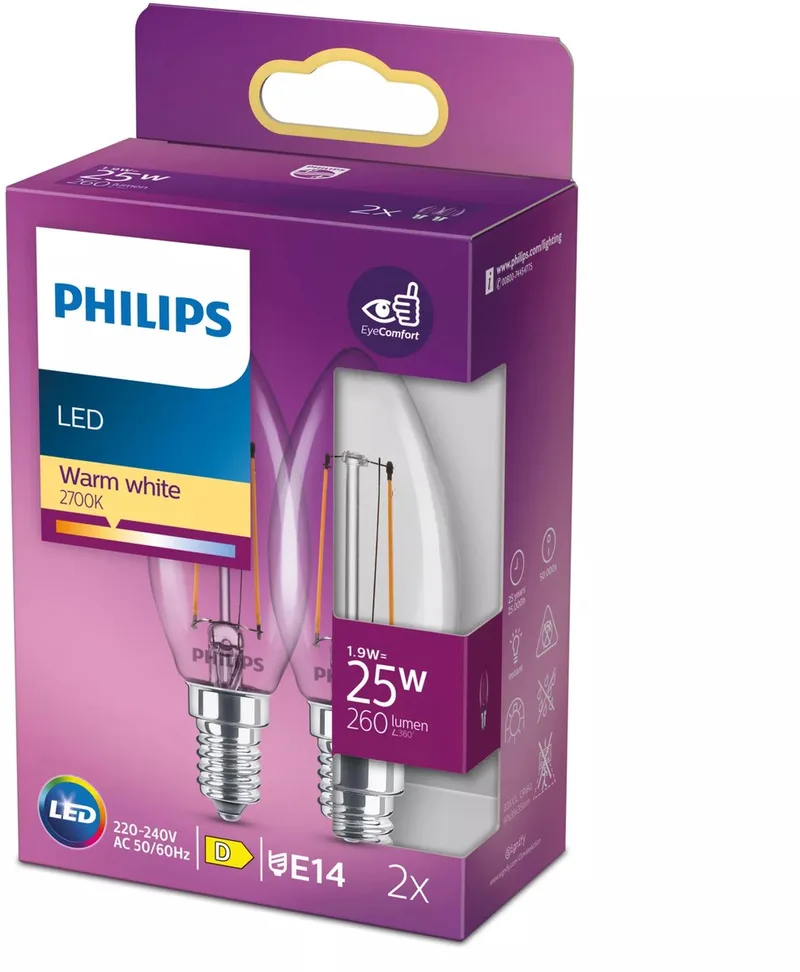 lamp - Kaarslamp met E14 fitting - Warmwit licht: 2700K - 25W - Helder glas - 2-pack fra Philips – produktbillede