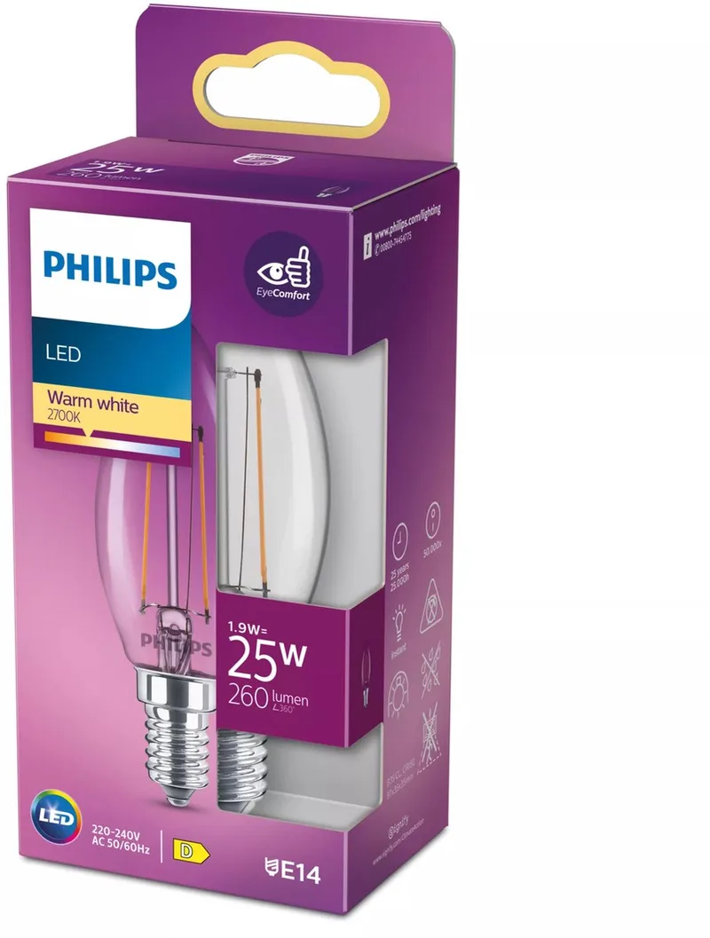 lamp - Kaarslamp met E14 fitting - Warmwit licht: 2700K - 25W - Helder glas fra Philips – produktbillede