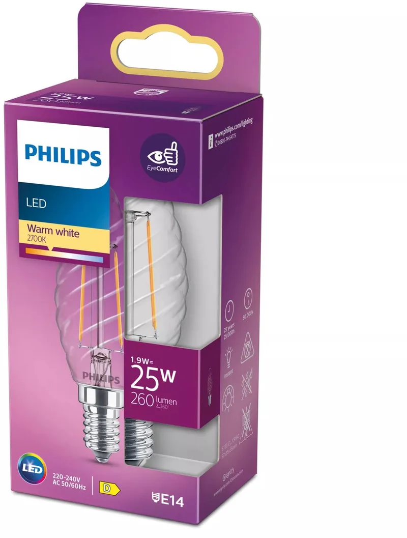 LED 76235300 LED-lamp EEK E (A - G) E14 Kronljusform 2 W = 25 W Varmvit (Ø x H) 3.5 cm x 9.7 cm Filament 1 st från Philips – produktbild