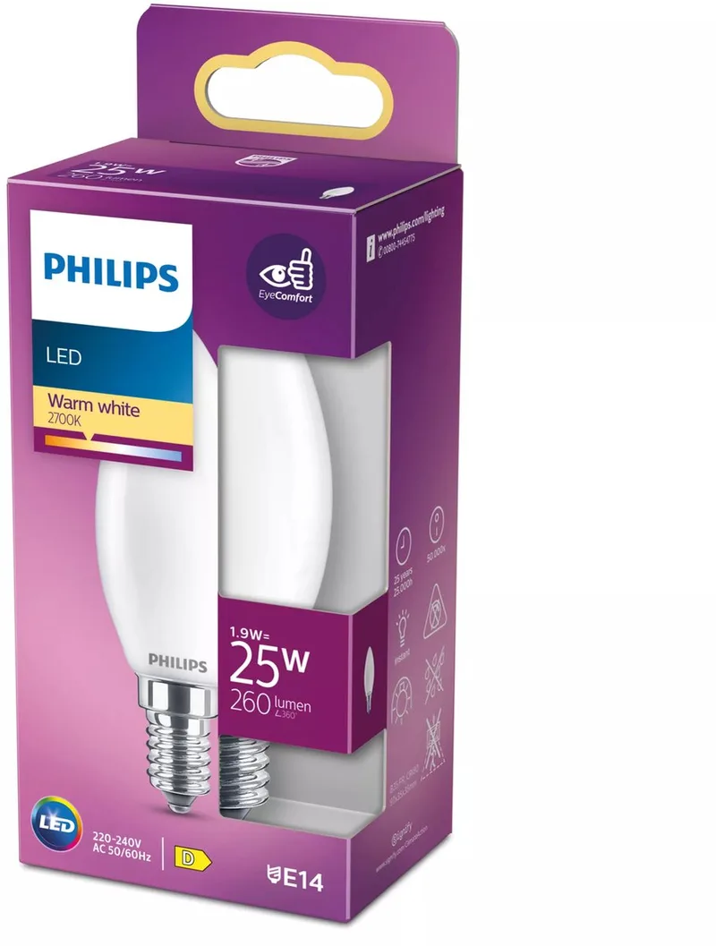 lamp - Kaarslamp met E14 fitting - Warmwit licht: 2700K - 25W - Mat glas fra Philips – produktbillede