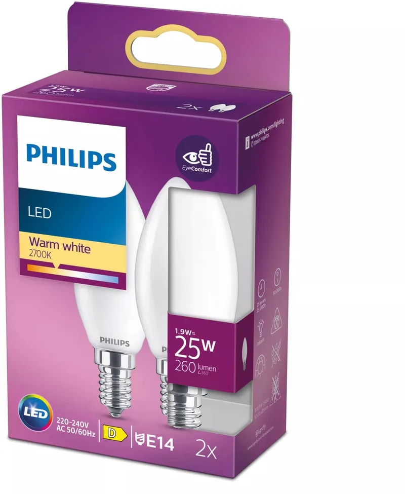 lamp - Kaarslamp met E14 fitting - Warmwit licht: 2700K - 25W - Mat glas - 2-pack fra Philips – produktbillede
