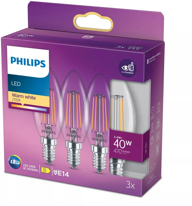 lamp - Kaarslamp met E14 fitting - Warmwit licht: 2700K - 40W - Helder glas - 3-pack by Philips – product photo
