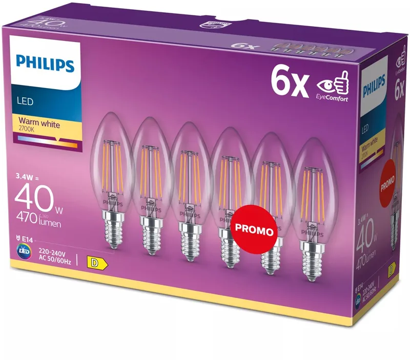 lamp - Kaarslamp met E14 fitting - Warmwit licht: 2700K - 40W - Helder glas - 6-pack von Philips – Produktfoto
