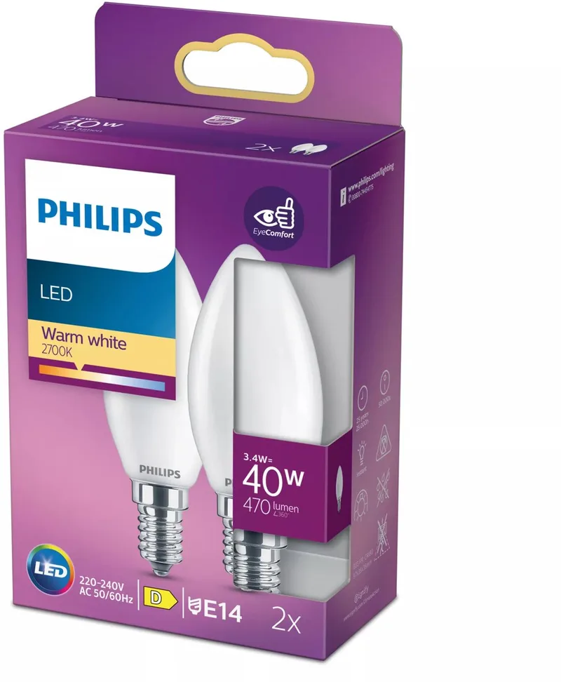 lamp - Kaarslamp met E14 fitting - Warmwit licht: 2700K - 40W - Mat glas - 2-pack de Philips – photo produit