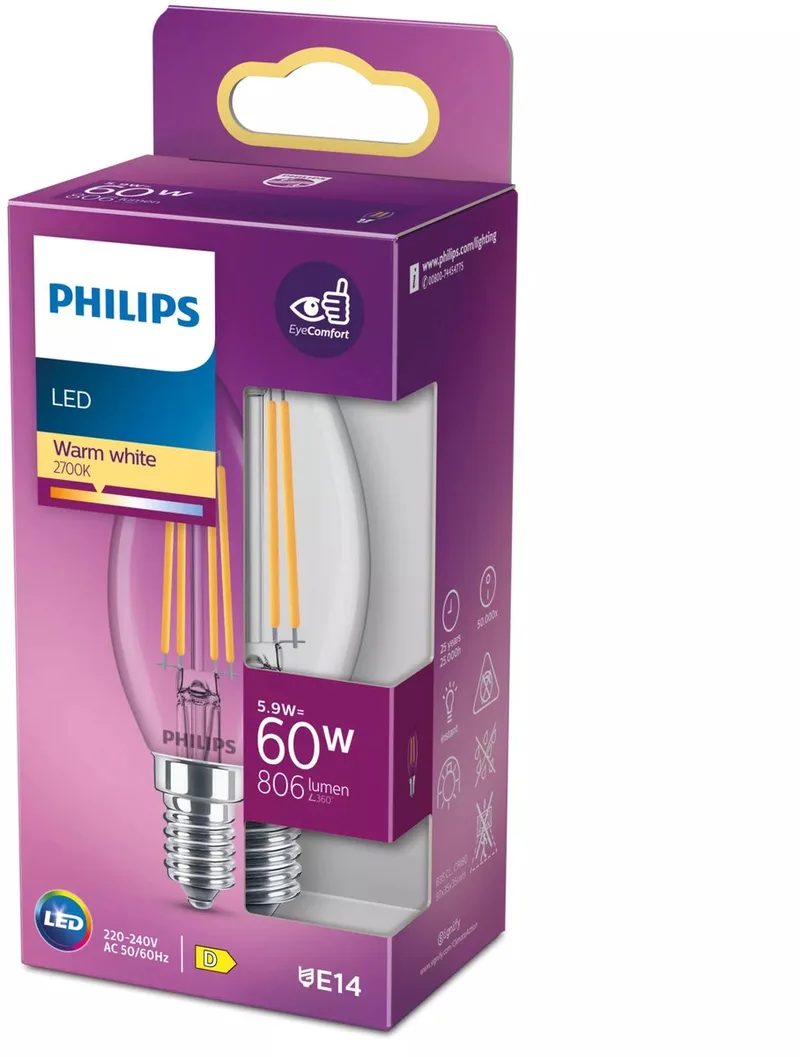 Classic LED-lampa E14 B35 6,5W klar från Philips – produktbild