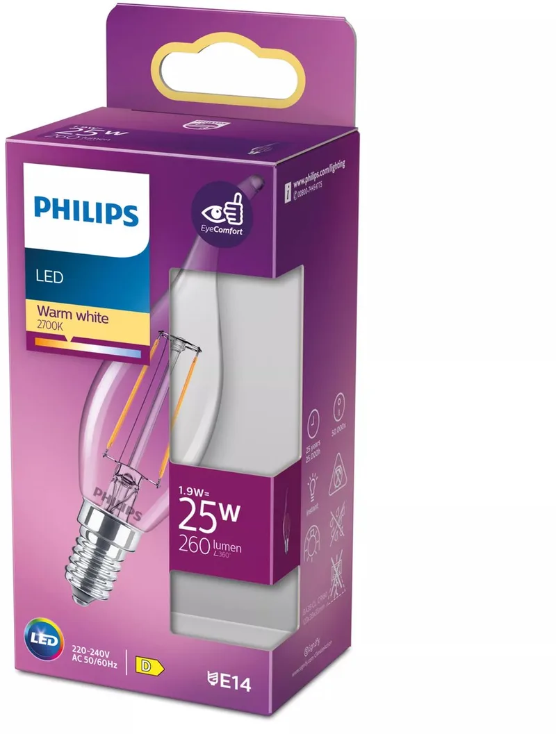 lamp - Kaarsvlam lampvorm met E14 fitting - Warmwit licht: 2700K - 25W - Helder glas van Philips – productfoto