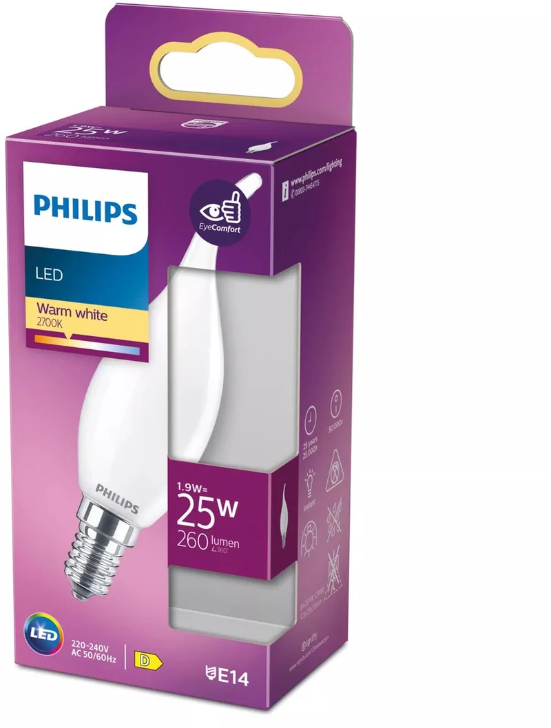 lamp - Kaarsvlam lampvorm met E14 fitting - Warmwit licht: 2700K - 25W - Mat glas de Philips – photo produit