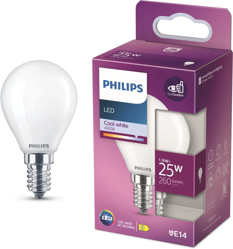 lamp - Kogellamp met E14 fitting - Koelwit licht: 4000K - 25W - Mat glas van Philips – productfoto