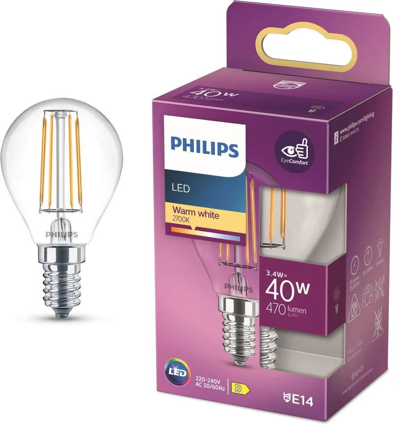 Ampoule sphérique avec douille E14, lumière blanc chaud: 2700K, 40W, verre clair de Philips – photo produit