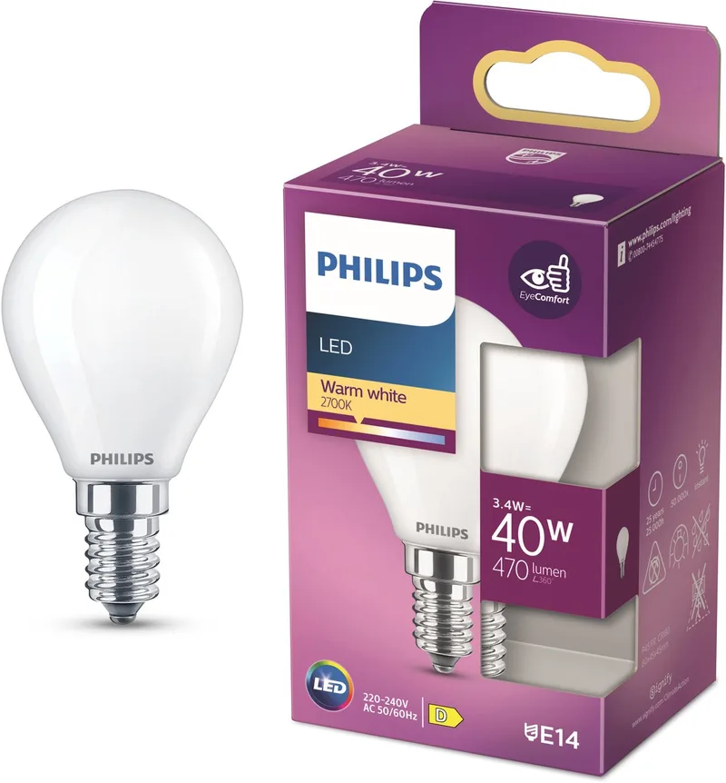 lamp - Kogellamp met E14 fitting - Warmwit licht: 2700K - 40W - Mat glas van Philips – productfoto