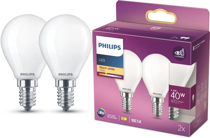 lamp - Kogellamp met E14 fitting - Warmwit licht: 2700K - 40W - Mat glas - 2-pack de Philips – photo produit