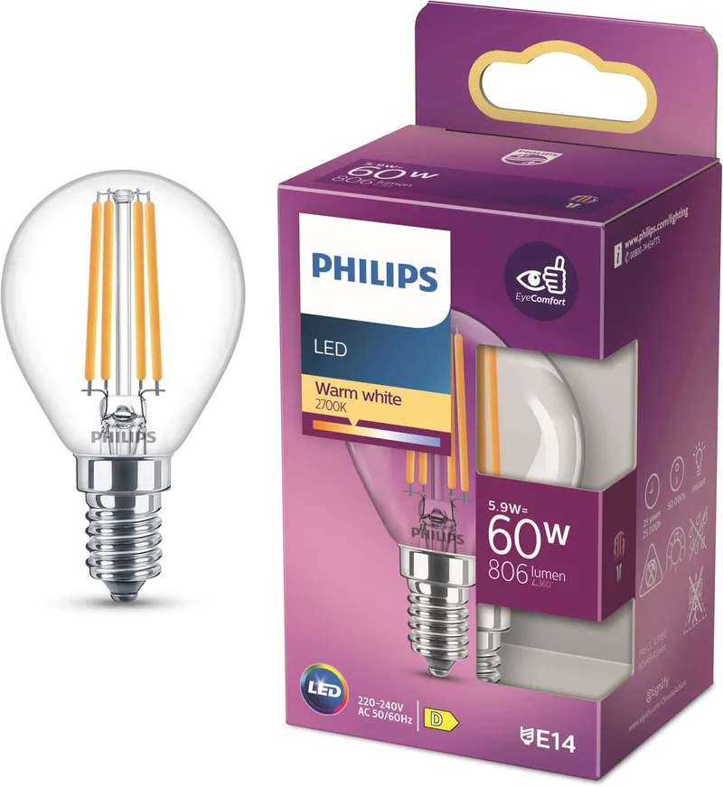Classic LED-pære E14 P45 6,5W 2.700K klar fra Philips – produktbillede