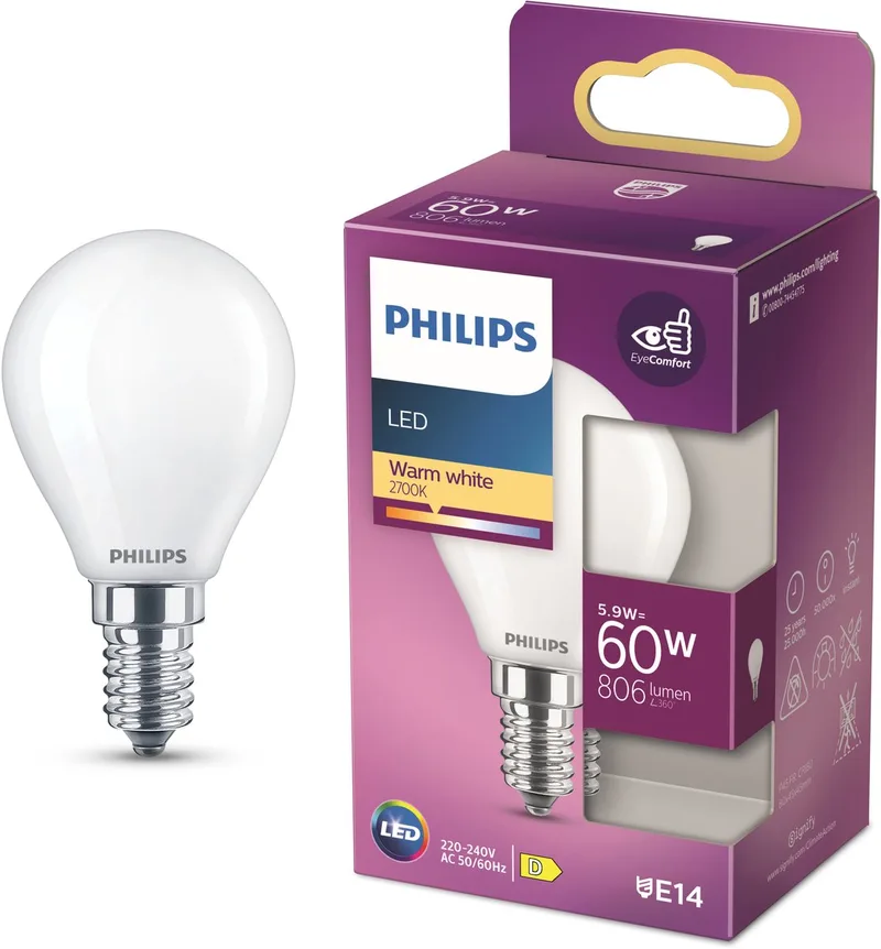 Classic LED-lampa E14 P45 6,5W matt från Philips – produktbild