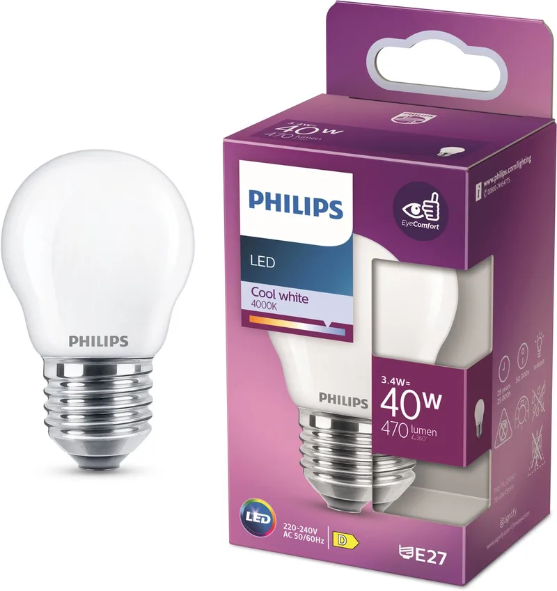 lamp - Kogellamp met E27 fitting - Koelwit licht: 4000K - 40W - Mat glas de Philips – photo produit