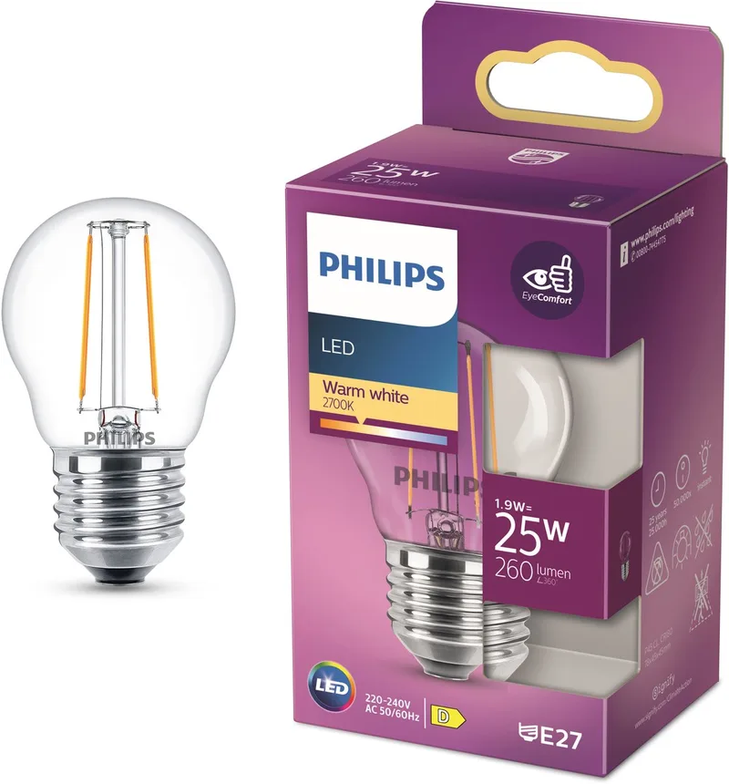 lamp - Kogellamp met E27 fitting - Warmwit licht: 2700K - 25W - Helder glas de Philips – photo produit