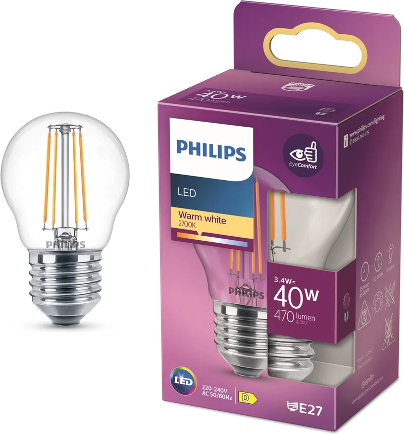 Ampoule sphérique avec douille E27, lumière blanc chaud: 2700K, 40W, verre clair de Philips – photo produit